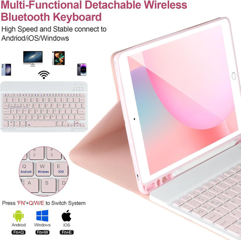 Keyboard Case for iPad 9/8/7th Gen 10.2’’ - Detachable Bluetooth Keyboard with Pencil Holder for iPad 10.2, Pink