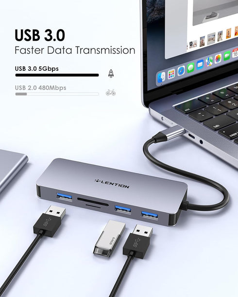 LENTION USB C Hub with 4K HDMI - 3 USB 3.0, SD/Micro SD Card Reader for MacBook Pro & Air
