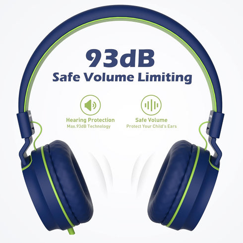 AILIHEN Kids Headphones, I35 On-Ear Headphones for School, Safe Volume 93dB, Foldable, Blue Green