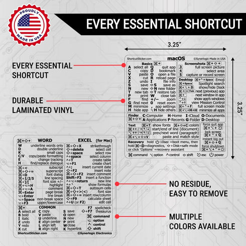 SYNERLOGIC Quick Reference Keyboard Shortcut Stickers for Mac OS (M/Intel) - 1 Set for MacBook Air/Pro/iMac/Mini (Clear)