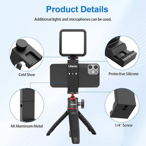 ULANZI ST-02S Aluminum Phone Tripod Mount with Cold Shoe, Universal Metal Adjustable Clamp for iPhone & Samsung