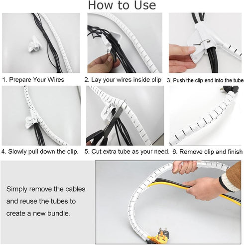 White Cable Organizer Cord Wire Cover Hider Sleeve Management, 2 PCS, VIWIEU Clutter Free Tube with Cable Tie Clips