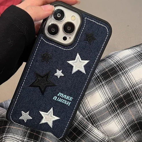 Casechics iPhone 14 Case, Cool Denim Fabric Embroidery Star, Soft Shockproof Cover - Blue
