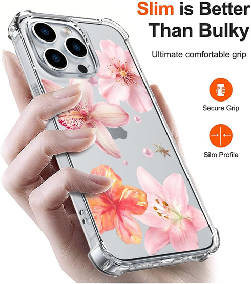 Wihytec 12/12 Pink Lily Flowers Phone Case for iPhone PRO Pink Lily Case Cover Clear Phone Case Four Corner Reinforced