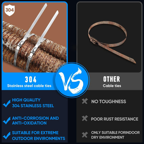 Metal Zip Ties - 100 Pcs 11.8 Inch 304 Stainless Steel Multi-Purpose Cable Ties for Outdoor Use