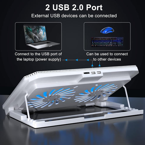 Laptop Cooling Pad with Adjustable Height, Two 5.1 Inches Fans, Suitable for 12"-15.6" Laptops (White)