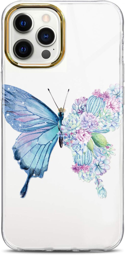 JAHOLAN Clear Case for iPhone 12 Pro Max - Purple Glitter Cute Butterfly Design, Shockproof TPU Bumper Hard PC Back
