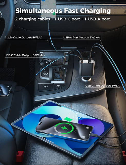 ?Upgraded? SUPERONE 4 in 1 Retractable Car Charger, Fast Car Phone Charger with 2.6ft Cord, USB C and Apple Adapter,
