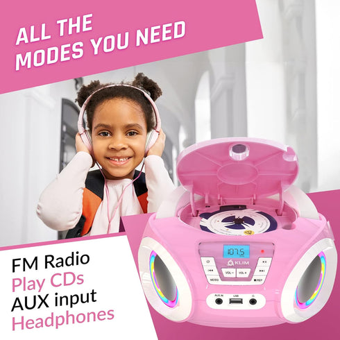 KLIM Candy Kids Portable CD Player, New Version 2024, FM Radio, Batteries Included, Cute Pink Boombox for Kids