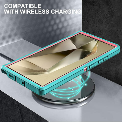 Samsung Galaxy S24 Ultra Case with 2Pcs Self Healing TPU Screen & Camera Lens Protectors, Heavy Duty (Aqua Blue/Pink)