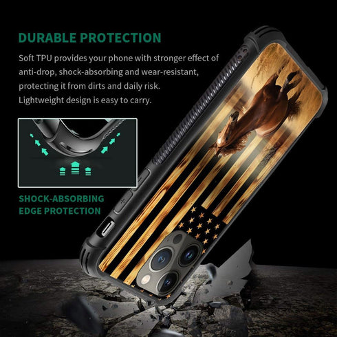 DJSOK Classic Wood Grain American Flag Horse Case for iPhone 14 Plus - Rugged Dual Layer Shockproof Cover for Men &