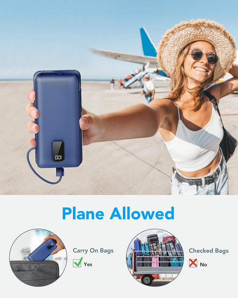 Charmast Portable Charger with Built-in Cables, 10000mAh USB C Power Bank, Fast Charging 15W, Slim External Battery Pack