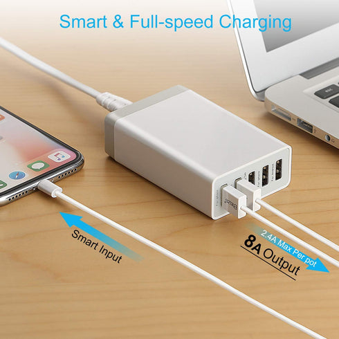 Desktop 5 Port USB Wall Charger 40W 8A, USB Hub Charging Station for Multiple Devices, Portable Multi Port USB Charger