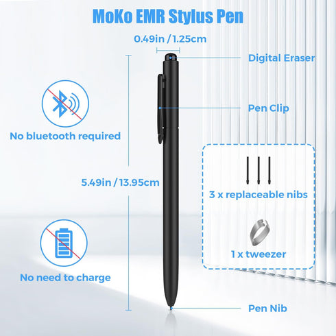 MoKo EMR Stylus Pen with Eraser, Compatible with Remarkable 2, 4096 Pressure Levels, Palm Rejection, 3 Extra Tips