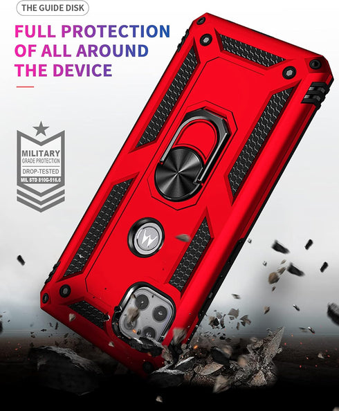 Military Grade Drop Impact Moto One 5G Ace Case, Red Heavy Duty Shockproof Armor with 360 Metal Rotating Ring Kickstand