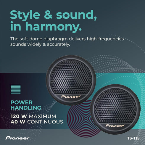 Pioneer TS-T15 3/4” Soft Dome Tweeter Car Speakers, Pair, Smooth Upper Range, Clear Sound Quality
