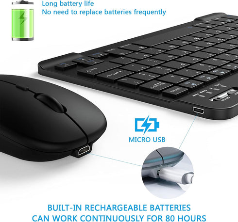 Ultra-Slim Small Bluetooth Keyboard and Mouse Combo, Portable Rechargeable Wireless Keyboard for Android Tablet, Black