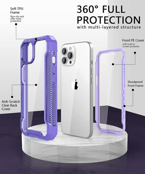 ANSHOW iPhone 12/12 Pro Case, Rugged 360° Full Body with Built-in Screen Protector, Clear Hard PC & Purple Silicone