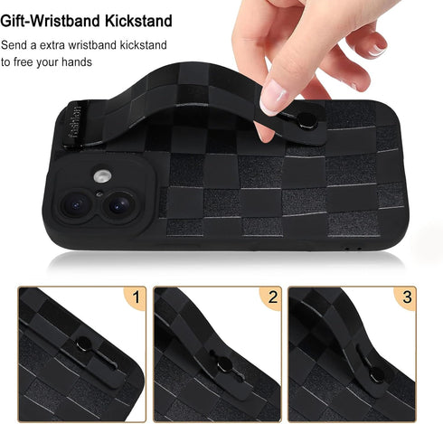 OOK 17 6.3inch Compatible with iPhone Silicone Phone Case with Strap, Trendy Checkerboard Pattern for Women Girls