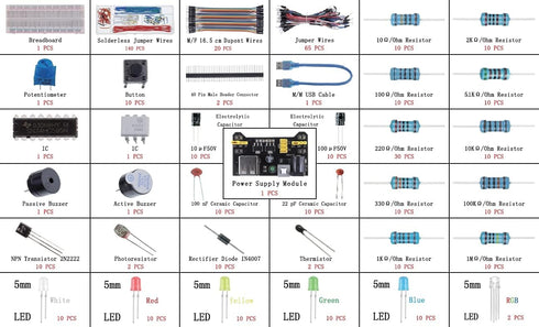 BOJACK 37 Values 480 Pcs Electronics Component Fun Kit with Power Supply Module, Jumper Wire, Breadboard