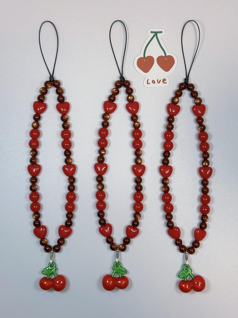 Drawwind Phone Charm Strap, Handmade Beaded Phone Lanyard Wrist Strap for Women Girls (Sweet Cherries)