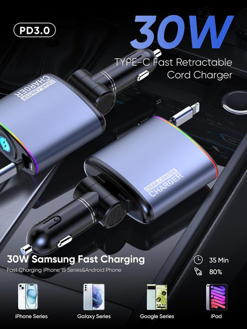 Topume 60W Fast Charging Retractable Car Charger, 2.9FT Cable for iPhone with Colorful Ambient Lighting, Galaxy