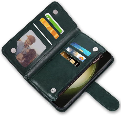 Asuwish Wallet Case for Samsung Galaxy S23 Ultra 5G - Dark Green, 6.8" with Tempered Glass Protector & Flip Card Holder.