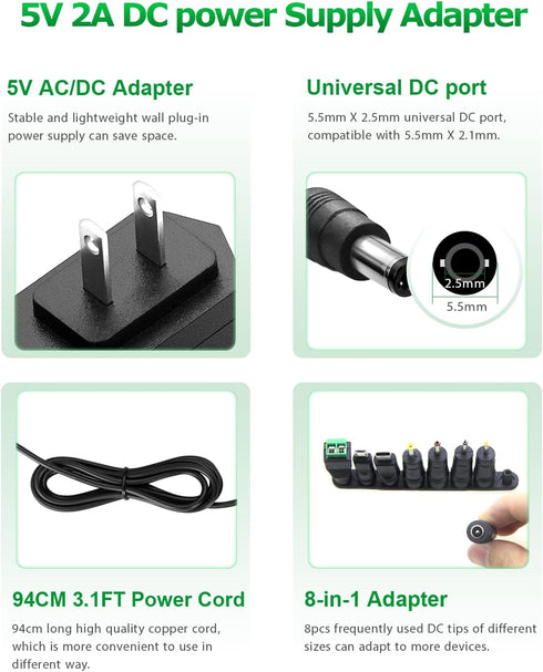 5V 2A 10W DC Power Supply Adapter AC/DC Wall Plug Charger AC 100V-240V to DC 5 Volt 2Amp 1A 1.5A Replacement Power Cord USB Type C for Security Camera Baby Monitor Scanner TV Box Raspberry