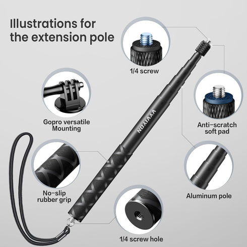 VYVIYON 114cm Stick,1/4" Insta360 X4 X5 Invisible Selfie Extended Monopod Pole with Adapter Compatiable with Sports