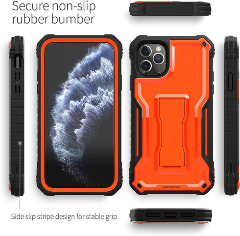 ExoGuard Rubber Shockproof Full-Body Case for iPhone 11 Pro with Built-in Screen Protector and Kickstand (Orange)