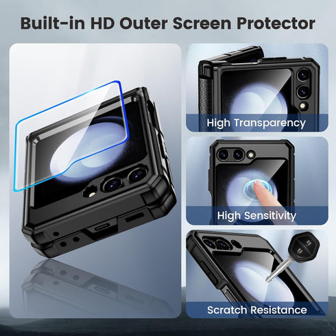 Caka Galaxy Z Flip 5 Case - Full Body Protection with Screen Protector, Hinge Protection & 360° Rotate Ring Stand -