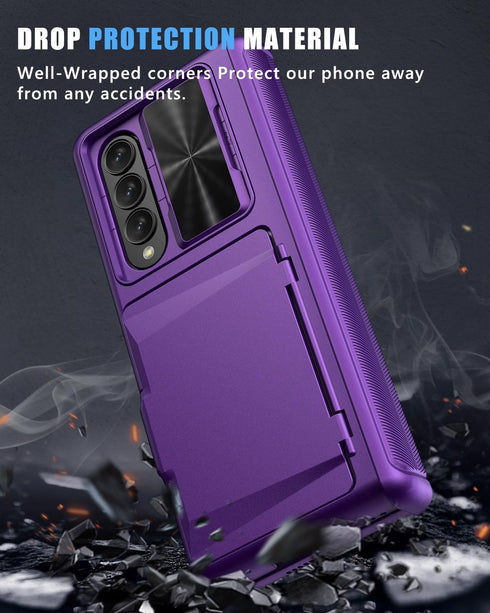 Vihibii Case for Samsung Galaxy Z Fold 4 5G with Card Holder, Sliding Camera Lens Cover, Hinge Protection, Dark Purple