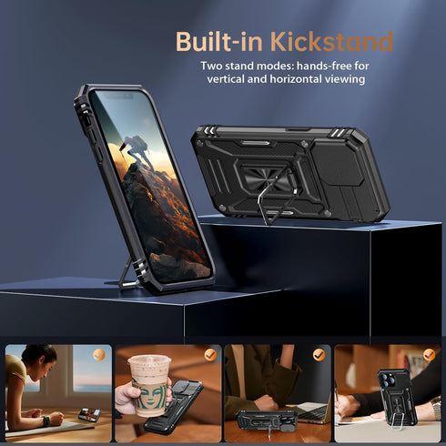 MERRO for iPhone 13 Pro Case with Screen Protector, Military-Grade Sliding Camera Cover, Magnetic Stand, 6.1" Black