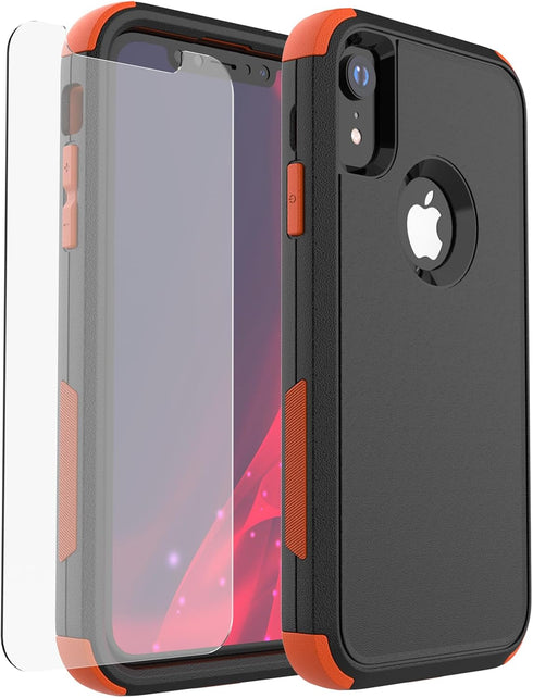 iPhone XR Case, Black Orange, Dropproof Shockproof 3-Layers Heavy Duty Drop Protection with Tempered Glass Screen