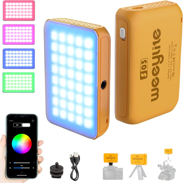 Weeylite S03 RGB Camera Light, App Control Small LED RGBW Video Light, Portable Photography Lighting with Built-in