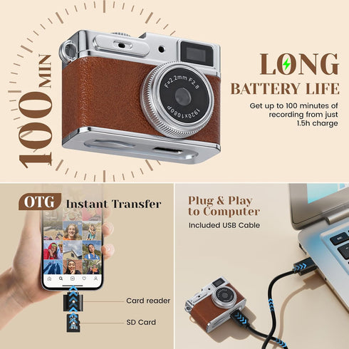 Tawd 1080P 32GB 0.96" Mini Keychain Camera - HD Retro Digital Camera, Compact with SD Card, HD Display, Portable Pocket