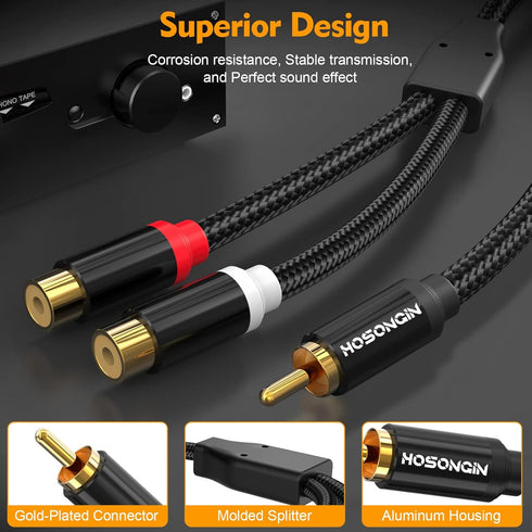 HOSONGIN 1ft RCA Splitter 1 Male to 2 Female Y Adapter, 2 Pack Short RCA Audio Speaker Splitter Cable