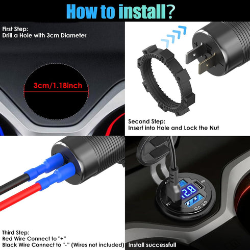12V USB C Outlet - 78W 4 Ports Aluminum Car Charger Socket with Dual PD 30W and Dual QC 18W, Voltmeter, C to C Cable