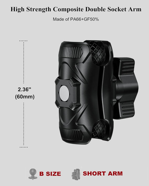 BRCOVAN Double Socket Arm High Strength Composite Short Arm Compatible with RAM Mounts B Size 1'' Ball Components & Bike Motorcycle Phone Mount Holder with 1'' Ball Adapter