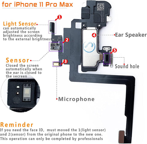 Johncase Ear Speaker Light Proximity Sensor Flex Cable W/Mic Compatible for iPhone 11 Pro Max 6.5"