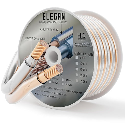 Elecan Pro Series 12/2 Speaker Wire Cable Spool, 150 Ft, 12 Gauge AWG with Transparent Zipper Soft Touch PVC Jacket for