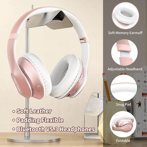 Wireless Bluetooth Headphones Over Ear, 65H Playtime HiFi Stereo Headset with Microphone, Foldable Bluetooth V5.3, Rose