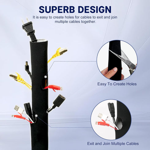 Neoprene Cable Management Sleeve - 10ft (120 inch), 1.5 inch, Velcro Cuttable Cord Organizer for TV USB PC