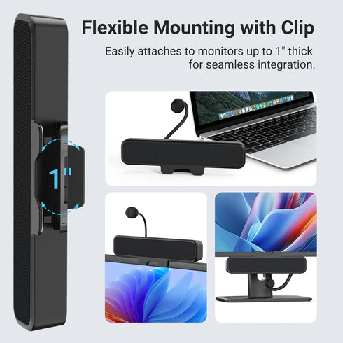 Inwa Computer Speakers with Microphone for Desktop PC, USB Monitor Speakers with Clip, Wired Laptop Sound Bar, Stereo