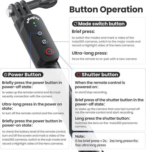 Aovee 100CM Insta360/Gopro Remote Control Selfie Stick Rechargeable Waterproof Stretchable Compatible with Action