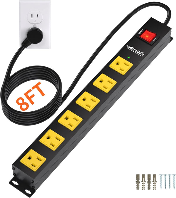 Power Strip with 2700J Surge Protector, 8FT Cord, Flat Plug, 6 Outlet Metal Strip for Garage and Kitchen