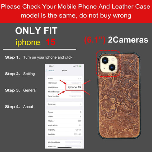 RMAWRAD 15 6.1" Wallet Real Leather Case Compatible with iPhone Genuine LeatherShockproof, Anti-Fall Case, Flip Cover