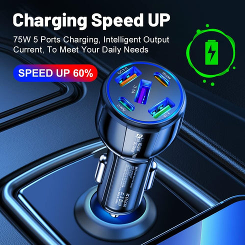 75W Ultra-Fast Car Charger, 30W/QC3.0/Type C 5-Port Smart Shunt Car Adapter Compatible with iPhone 14 Pro MAX/13