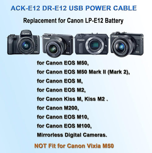 TKDY ACK-E12 USB Cord Cameras Power Supply M50 Dummy Battery LP-E12 DR-E12 DC Coupler Kit, fit for Canon EOS M50 Mark II, EOS M50 M100 M200 M M2 M10, Kiss M, Kiss M2 Digital Camera.