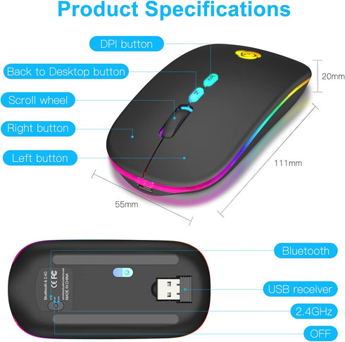 CC Store LED Wireless Bluetooth Mouse, Rechargeable Ultra Silent Slim, 2.4GHz Instant Connection, USB-C Adapter (Black)